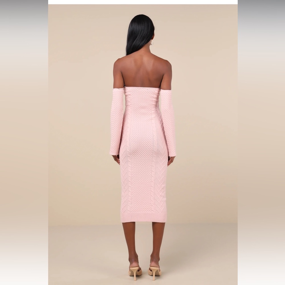 Cuddly Element Light Pink Cable Knit Off-the-Shoulder Midi Dress - Picture 2 of 5